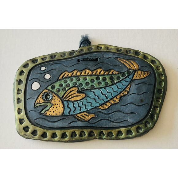 Handmade Swimming Fish Wall Plaque Painted Carved Nautical Art Signed Jo-Fran